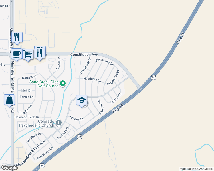 map of restaurants, bars, coffee shops, grocery stores, and more near 2231 Jeanette Way in Colorado Springs