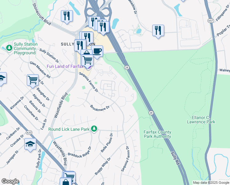 map of restaurants, bars, coffee shops, grocery stores, and more near 14405 Fallscliff Lane in Centreville