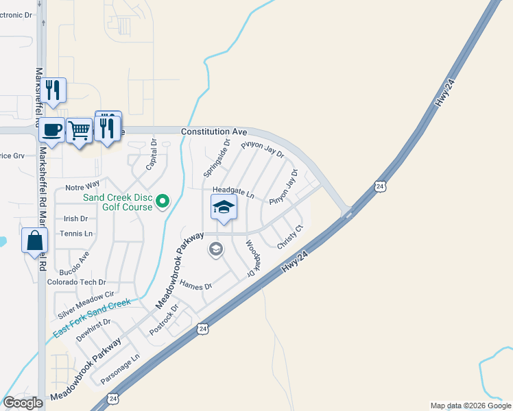 map of restaurants, bars, coffee shops, grocery stores, and more near 2112 Jeanette Way in Colorado Springs