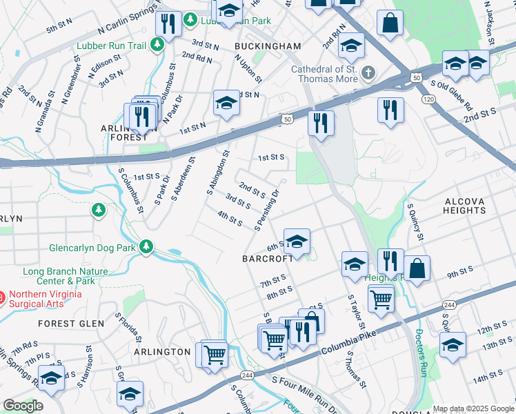 map of restaurants, bars, coffee shops, grocery stores, and more near 4611 3rd Street South in Arlington