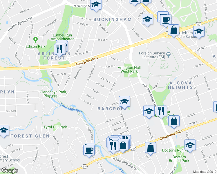 map of restaurants, bars, coffee shops, grocery stores, and more near 4611 3rd Street South in Arlington