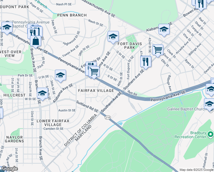 map of restaurants, bars, coffee shops, grocery stores, and more near 3943 Pennsylvania Avenue Southeast in Washington