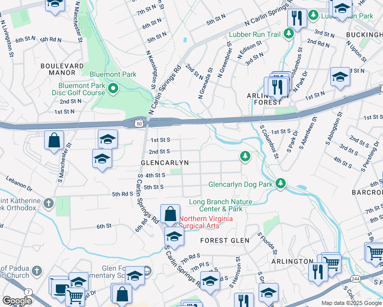 map of restaurants, bars, coffee shops, grocery stores, and more near 5612 2nd Street South in Arlington