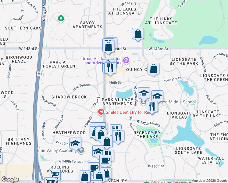map of restaurants, bars, coffee shops, grocery stores, and more near 6812 West 146th Terrace in Overland Park