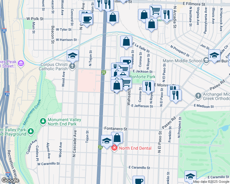 map of restaurants, bars, coffee shops, grocery stores, and more near 2252 North Weber Street in Colorado Springs