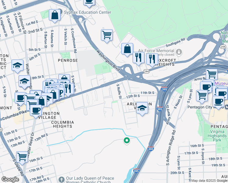 map of restaurants, bars, coffee shops, grocery stores, and more near 1830 Columbia Pike in Arlington