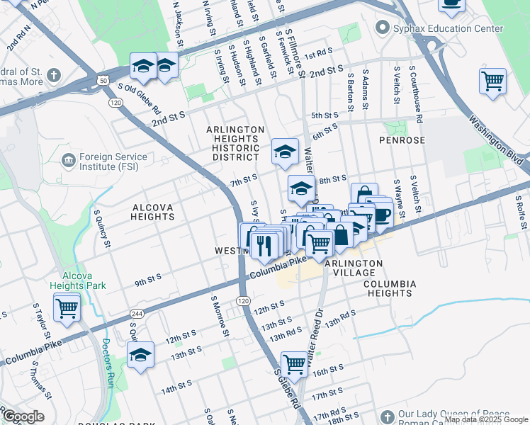 map of restaurants, bars, coffee shops, grocery stores, and more near 822 South Irving Street in Arlington