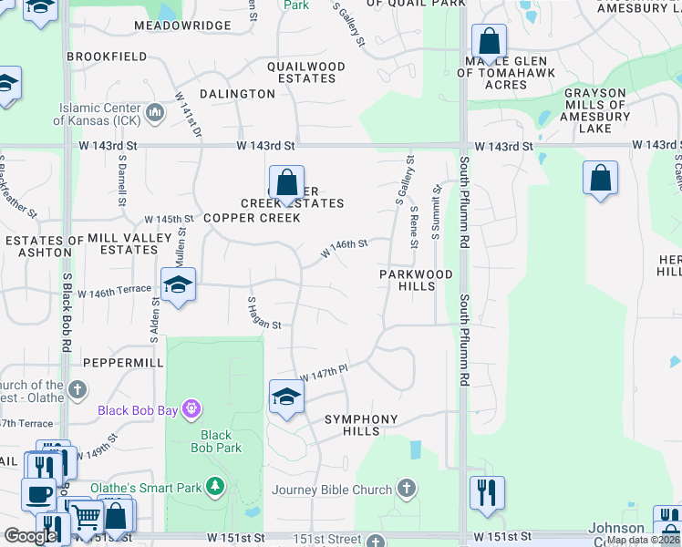 map of restaurants, bars, coffee shops, grocery stores, and more near 14645 South Hallet Street in Olathe
