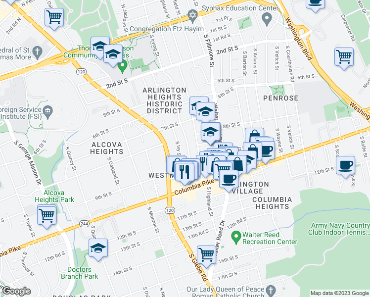 map of restaurants, bars, coffee shops, grocery stores, and more near 822 South Irving Street in Arlington