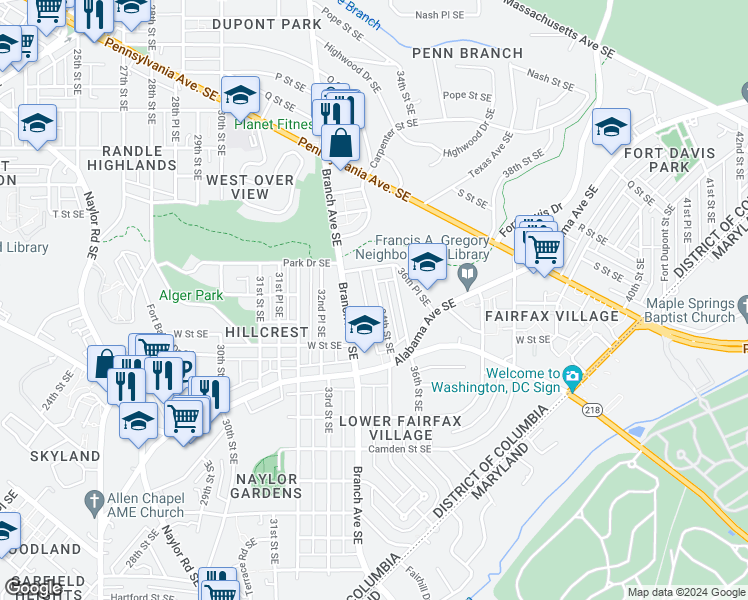 map of restaurants, bars, coffee shops, grocery stores, and more near 2031 34th Street Southeast in Washington