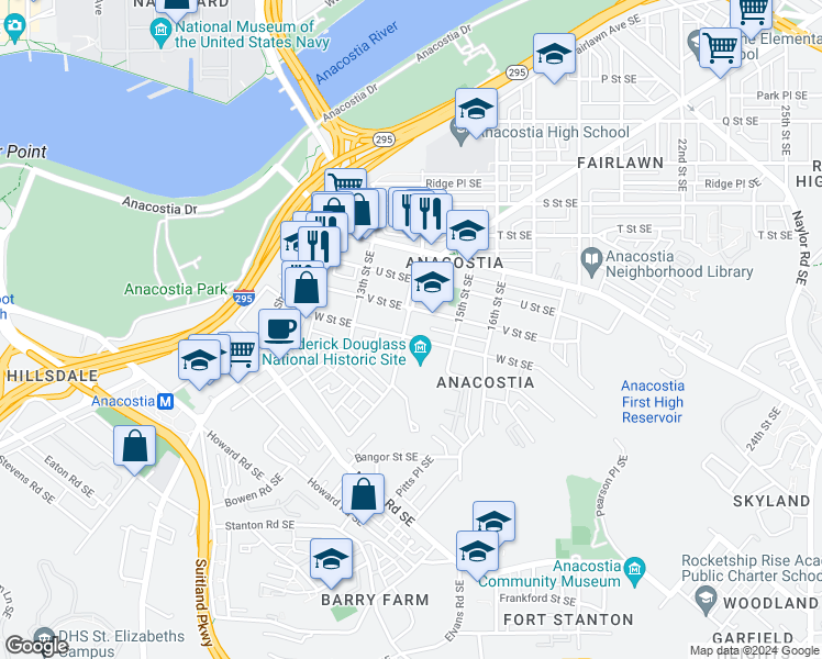 map of restaurants, bars, coffee shops, grocery stores, and more near 2118 14th Street Southeast in Washington