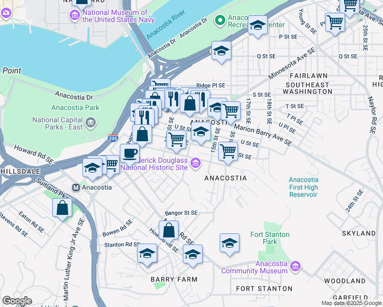 map of restaurants, bars, coffee shops, grocery stores, and more near 2118 14th Street Southeast in Washington