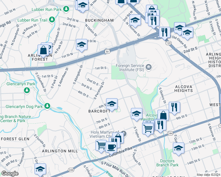 map of restaurants, bars, coffee shops, grocery stores, and more near 4401 4th Street South in Arlington