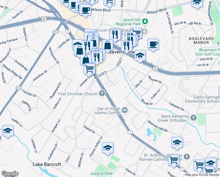 map of restaurants, bars, coffee shops, grocery stores, and more near 6175 Greenwood Drive in Seven Corners