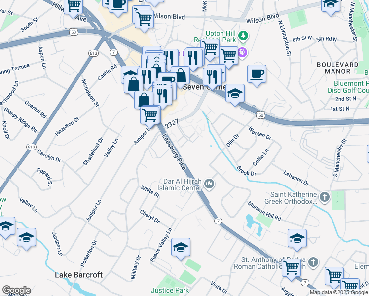 map of restaurants, bars, coffee shops, grocery stores, and more near 6175 Greenwood Drive in Seven Corners