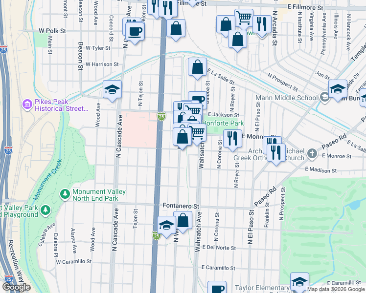 map of restaurants, bars, coffee shops, grocery stores, and more near 2252 North Weber Street in Colorado Springs