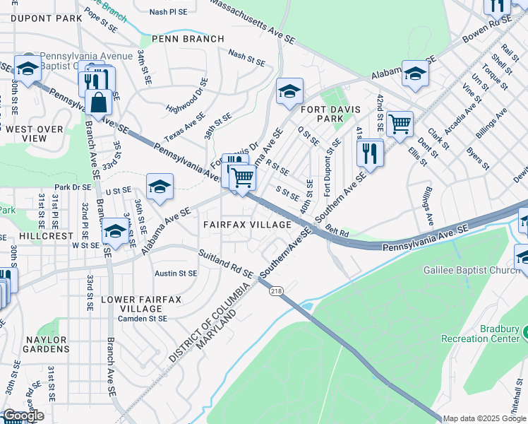 map of restaurants, bars, coffee shops, grocery stores, and more near 2000 Fort Davis Street Southeast in Washington