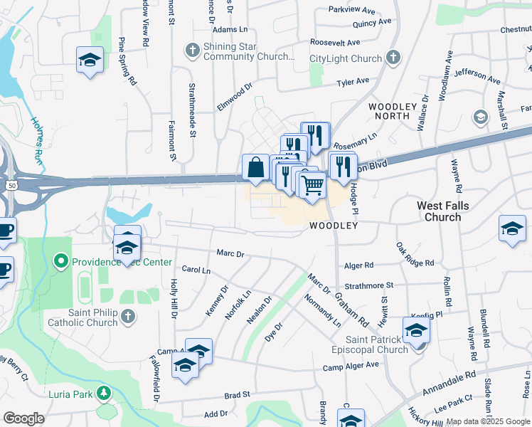 map of restaurants, bars, coffee shops, grocery stores, and more near 7367 Blade Drive in Falls Church