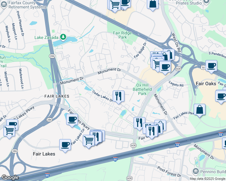 map of restaurants, bars, coffee shops, grocery stores, and more near 12340 Fox Lake Court in Fairfax