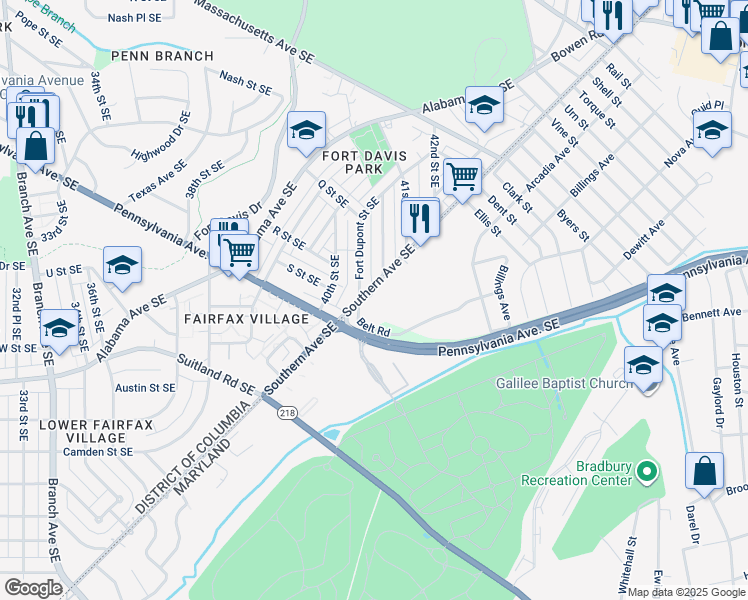 map of restaurants, bars, coffee shops, grocery stores, and more near 4105 Southern Avenue Southeast in Capitol Heights
