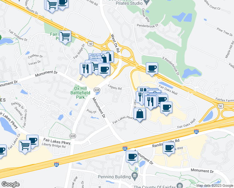 map of restaurants, bars, coffee shops, grocery stores, and more near 12105 Loyola Lane in Fairfax