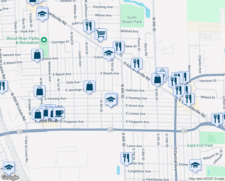 map of restaurants, bars, coffee shops, grocery stores, and more near 400 North 5th Street in Wood River