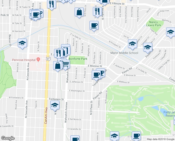 map of restaurants, bars, coffee shops, grocery stores, and more near 2223 North Royer Street in Colorado Springs