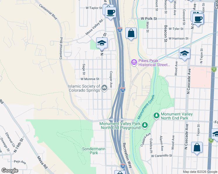 map of restaurants, bars, coffee shops, grocery stores, and more near 2221 Cooper Avenue in Colorado Springs