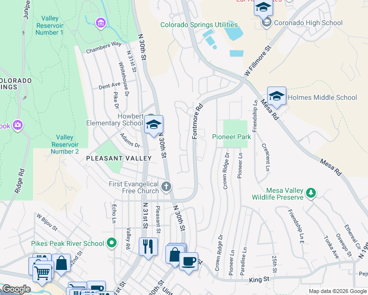 map of restaurants, bars, coffee shops, grocery stores, and more near 1062 Fontmore Road in Colorado Springs