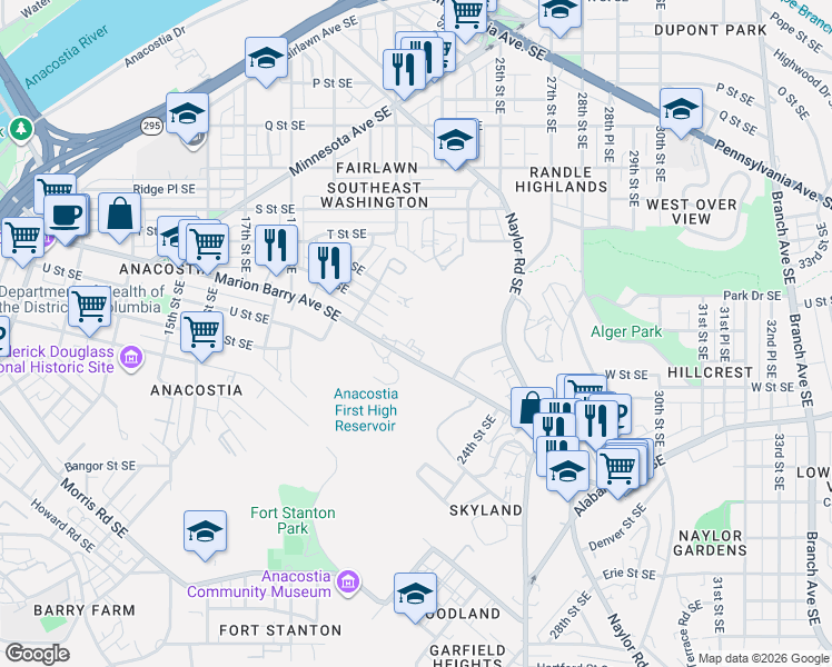 map of restaurants, bars, coffee shops, grocery stores, and more near 2300 Marion Barry Avenue SouthEast in Washington
