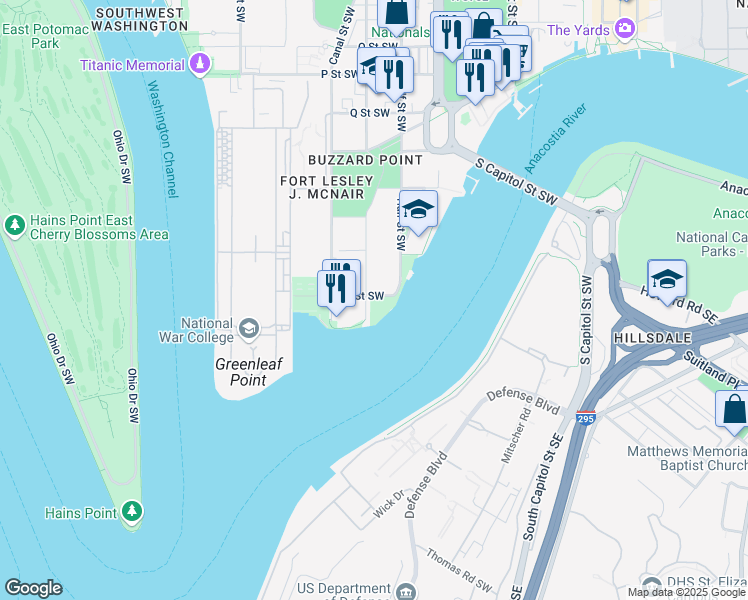 map of restaurants, bars, coffee shops, grocery stores, and more near 88 V Street Southwest in Washington