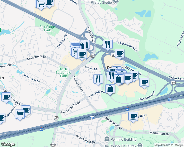 map of restaurants, bars, coffee shops, grocery stores, and more near 12105 Loyola Lane in Fairfax