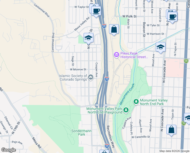 map of restaurants, bars, coffee shops, grocery stores, and more near 2221 Cooper Avenue in Colorado Springs