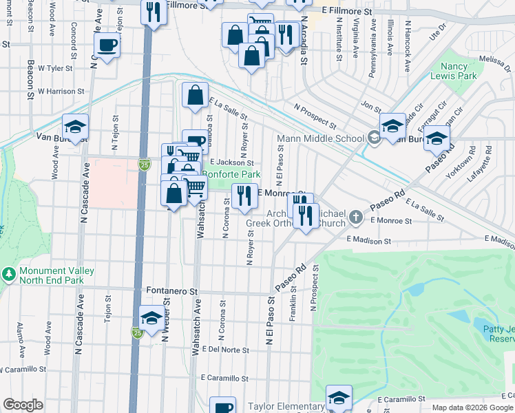 map of restaurants, bars, coffee shops, grocery stores, and more near 2223 North Royer Street in Colorado Springs