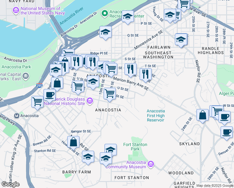map of restaurants, bars, coffee shops, grocery stores, and more near 1620 V Street Southeast in Washington
