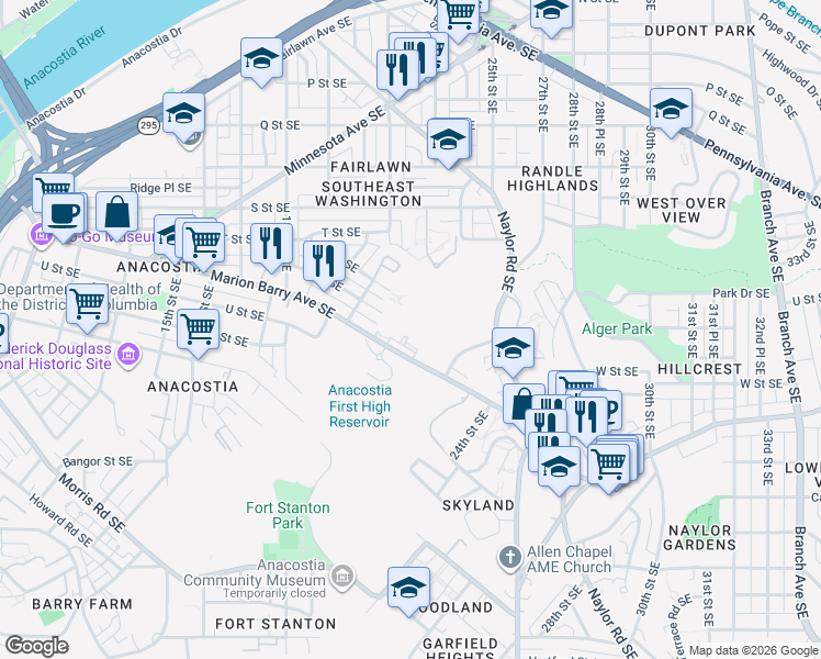 map of restaurants, bars, coffee shops, grocery stores, and more near 2300 Marion Barry Avenue SouthEast in Washington