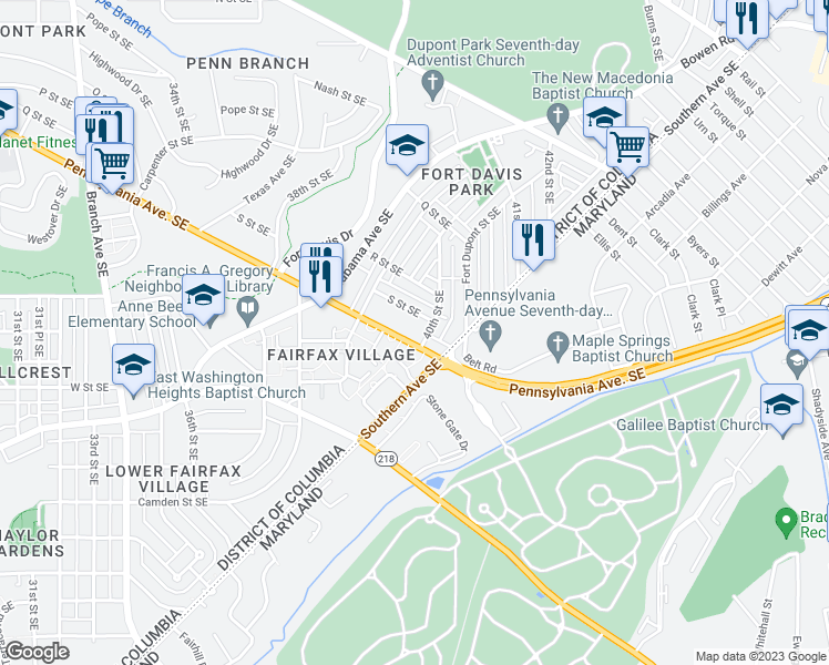 map of restaurants, bars, coffee shops, grocery stores, and more near 3984 Pennsylvania Avenue Southeast in Washington