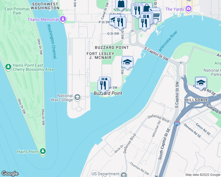 map of restaurants, bars, coffee shops, grocery stores, and more near 100 V Street Southwest in Washington