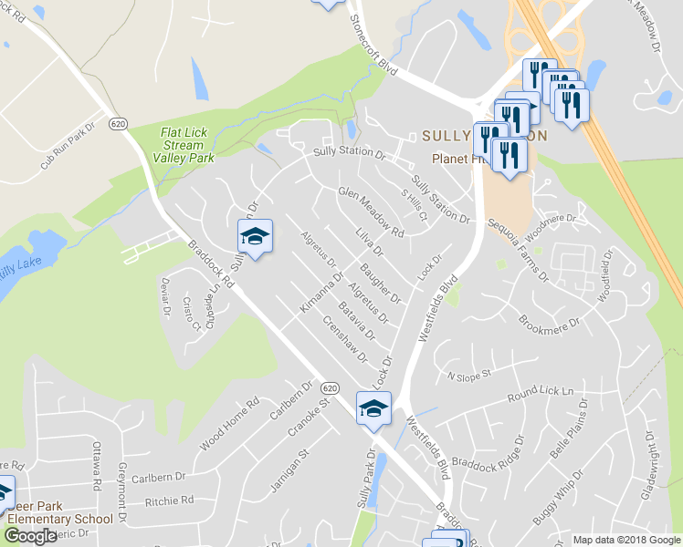 map of restaurants, bars, coffee shops, grocery stores, and more near 5301 Kimanna Drive in Centreville