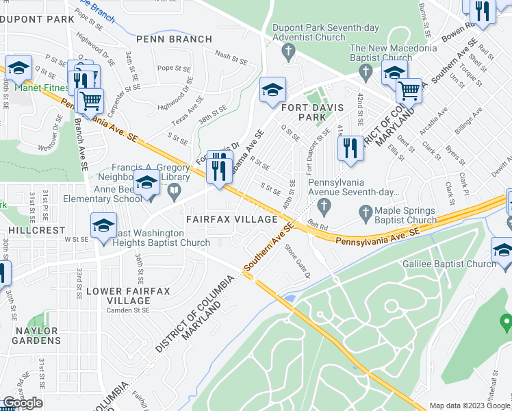 map of restaurants, bars, coffee shops, grocery stores, and more near 3937 Pennsylvania Avenue Southeast in Washington