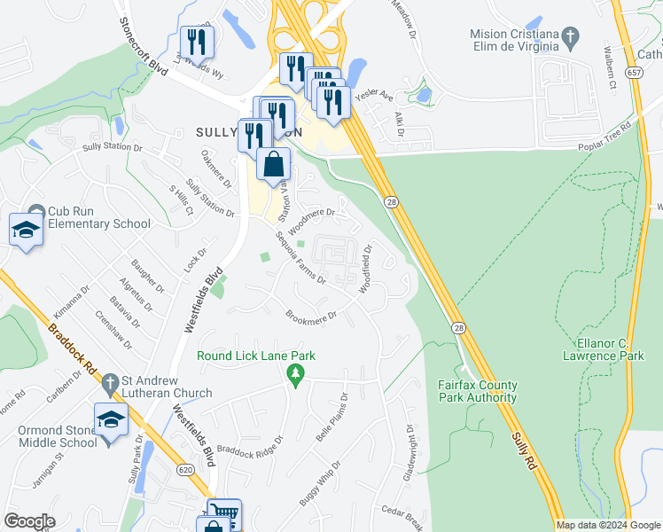 map of restaurants, bars, coffee shops, grocery stores, and more near 14464 Glencrest Circle in Centreville