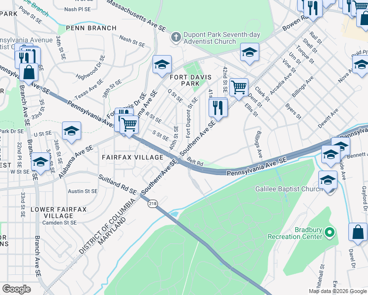 map of restaurants, bars, coffee shops, grocery stores, and more near 4024 Southern Avenue Southeast in Washington
