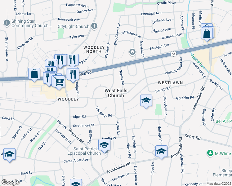 map of restaurants, bars, coffee shops, grocery stores, and more near in West Falls Church