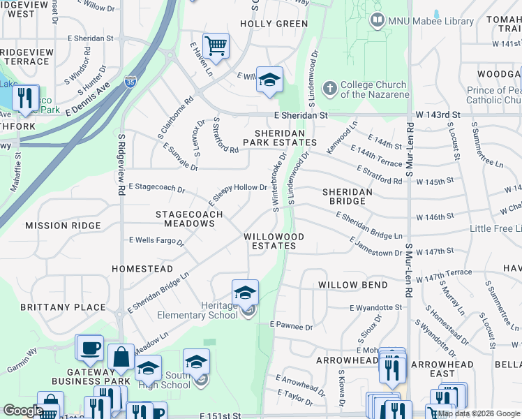 map of restaurants, bars, coffee shops, grocery stores, and more near 1209 South Winterbrooke Drive in Olathe