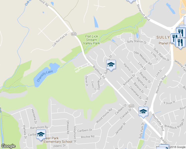 map of restaurants, bars, coffee shops, grocery stores, and more near 13911 Deviar Drive in Centreville