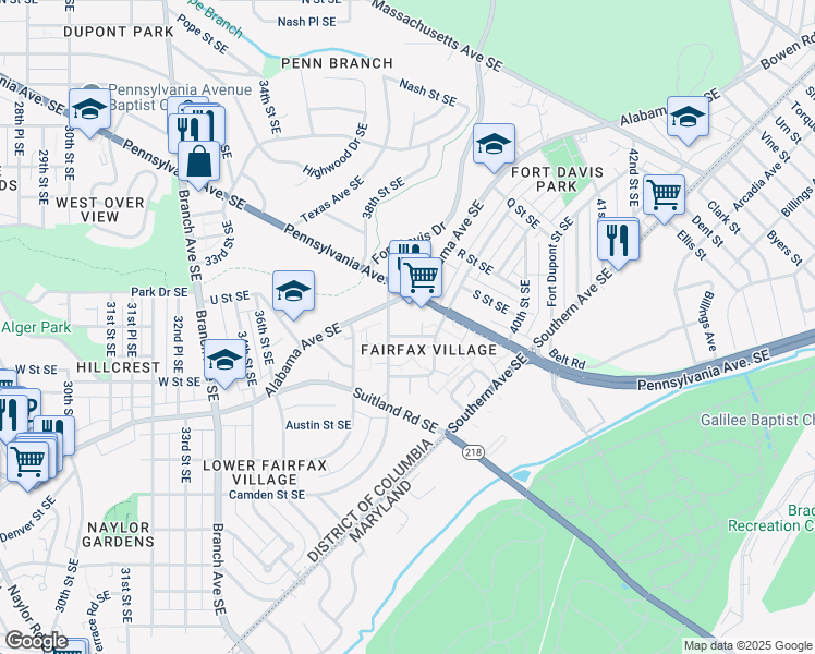 map of restaurants, bars, coffee shops, grocery stores, and more near 3808 V Street Southeast in Washington