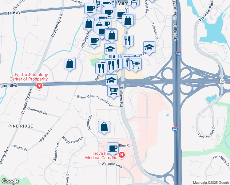 map of restaurants, bars, coffee shops, grocery stores, and more near 8270 Willow Oaks Corporate Drive in Fairfax