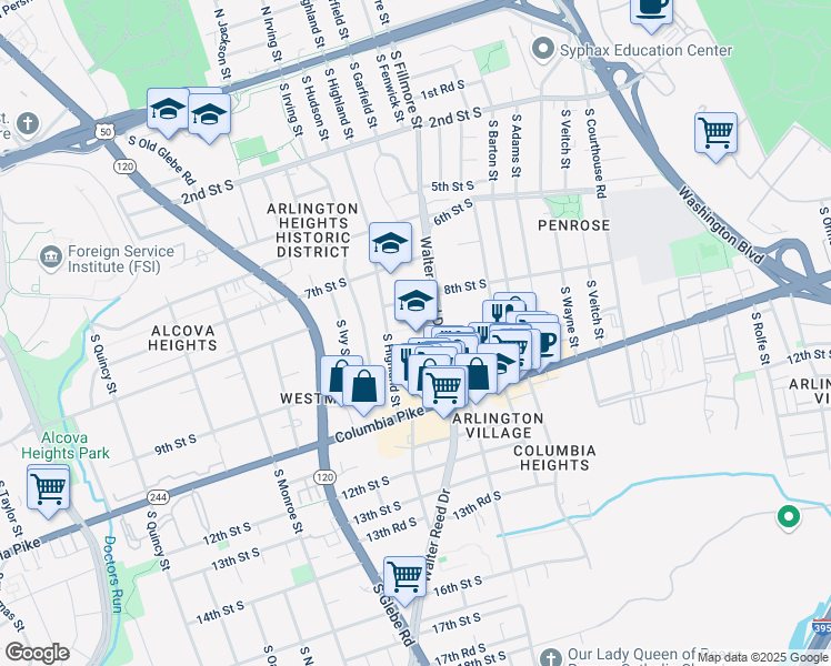 map of restaurants, bars, coffee shops, grocery stores, and more near 816 South Walter Reed Drive in Arlington