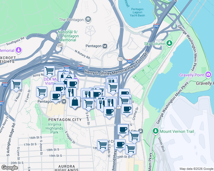 map of restaurants, bars, coffee shops, grocery stores, and more near 400 Army Navy Drive in Arlington