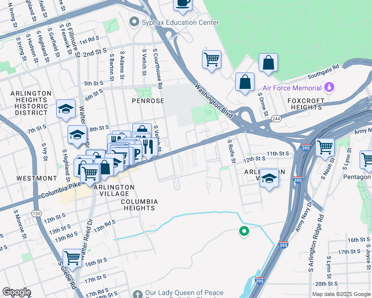 map of restaurants, bars, coffee shops, grocery stores, and more near 2012 Columbia Pike in Arlington